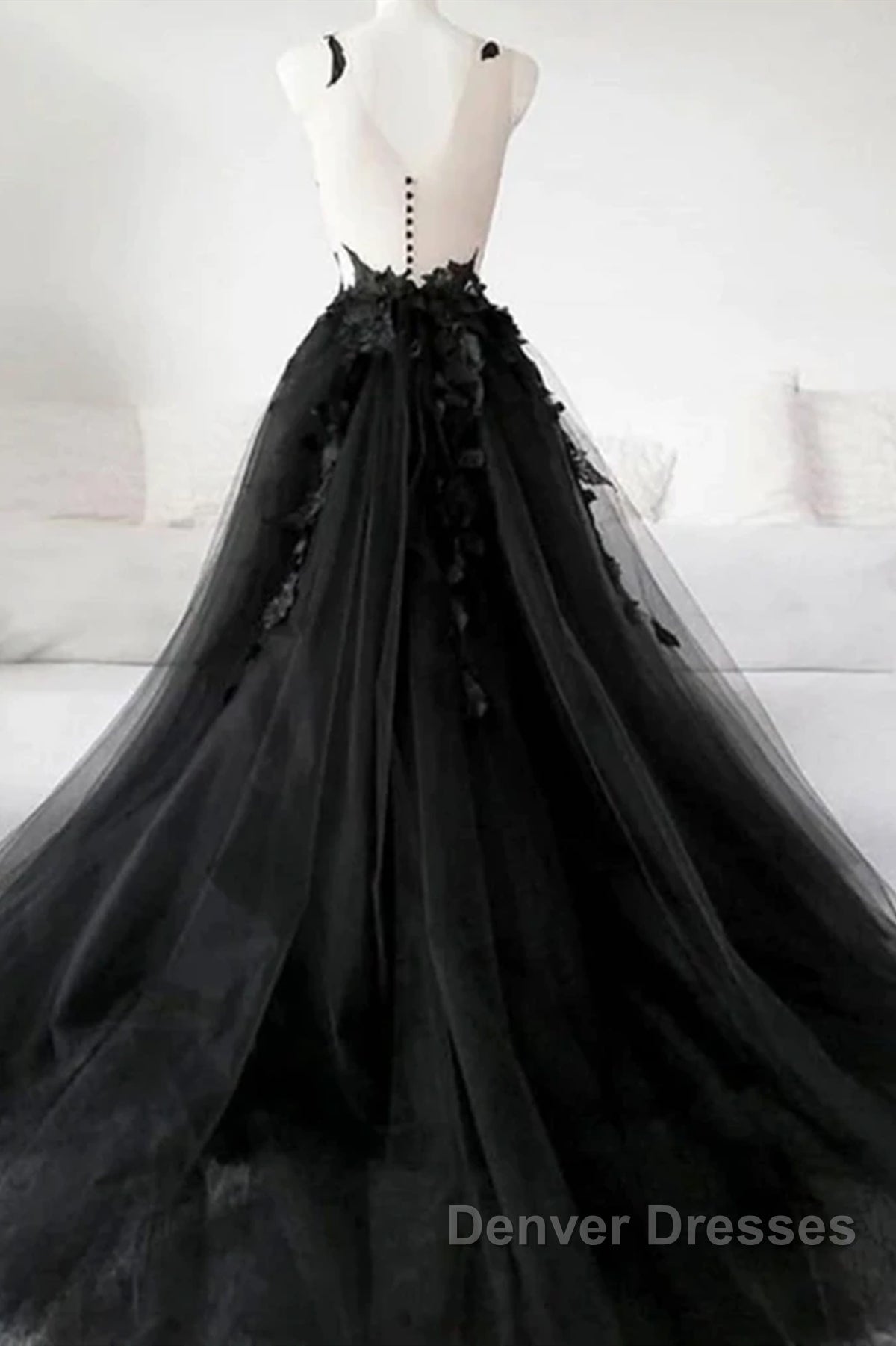 V Neck Open Back Black Tulle Lace Floral Long Prom Dress, Black Lace Formal Evening Dress with Appliques