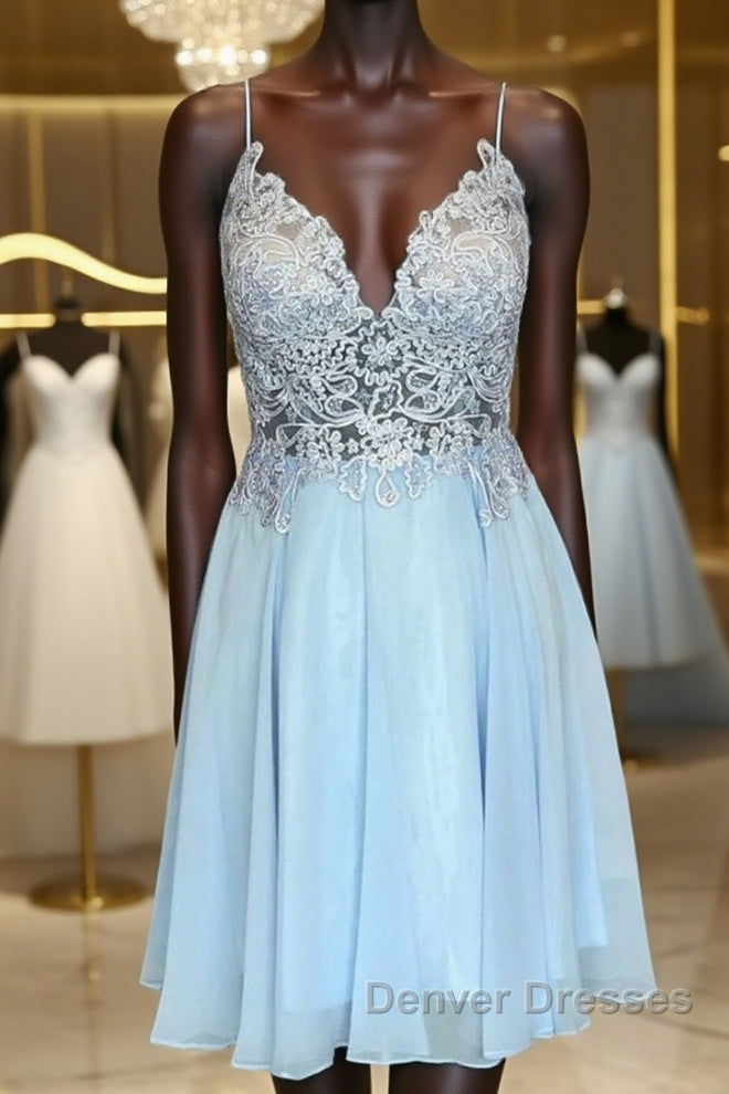 V Neck Open Back Blue Lace Short Prom Dress, Blue Lace Homecoming Dress, Short Blue Formal Evening Dress