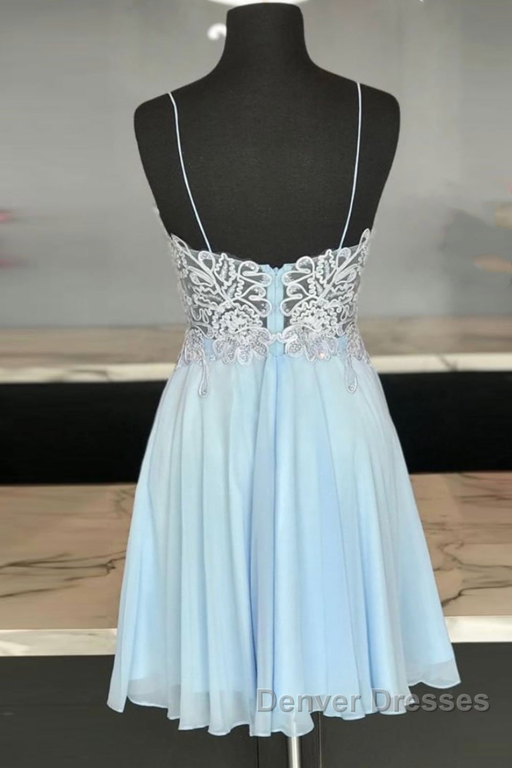 V Neck Open Back Blue Lace Short Prom Dress, Blue Lace Homecoming Dress, Short Blue Formal Evening Dress Secondary image