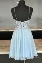 V Neck Open Back Blue Lace Short Prom Dress, Blue Lace Homecoming Dress, Short Blue Formal Evening Dress