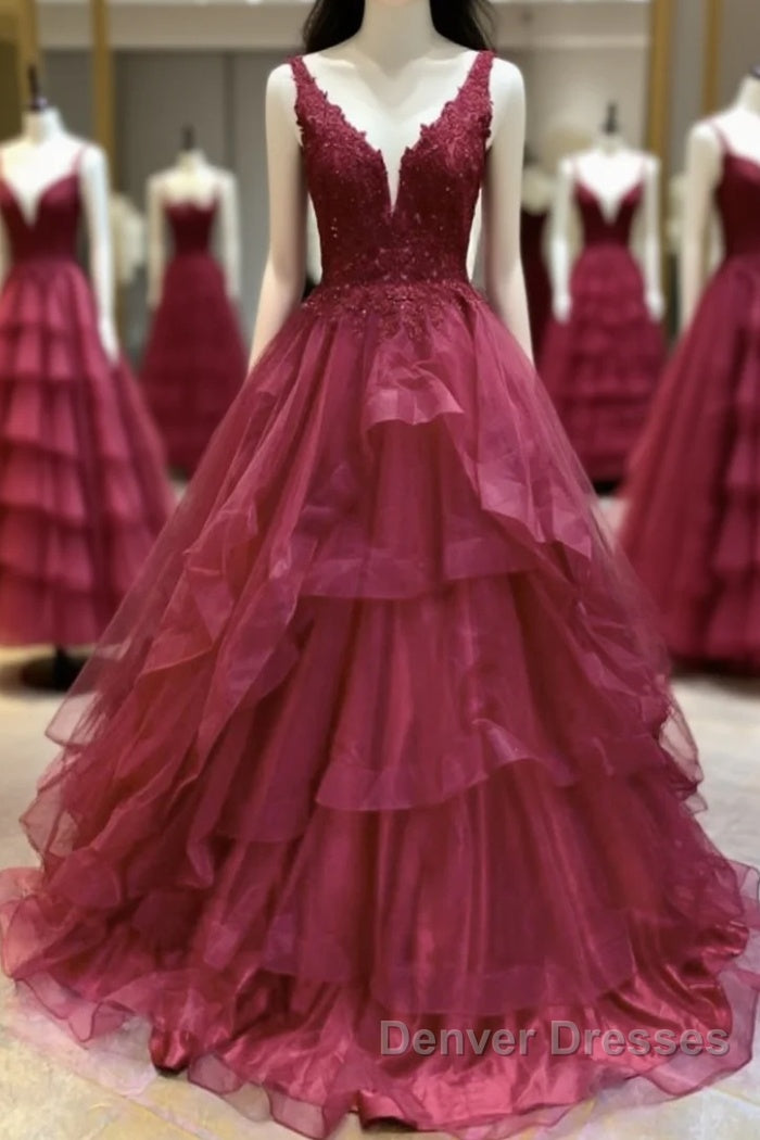 V Neck Open Back Burgundy Lace Long Prom Dress, Burgundy Lace Formal Evening Dress, Burgundy Ball Gown Main image