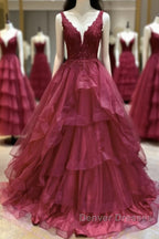 V Neck Open Back Burgundy Lace Long Prom Dress, Burgundy Lace Formal Evening Dress, Burgundy Ball Gown