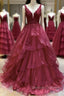 V Neck Open Back Burgundy Lace Long Prom Dress, Burgundy Lace Formal Evening Dress, Burgundy Ball Gown