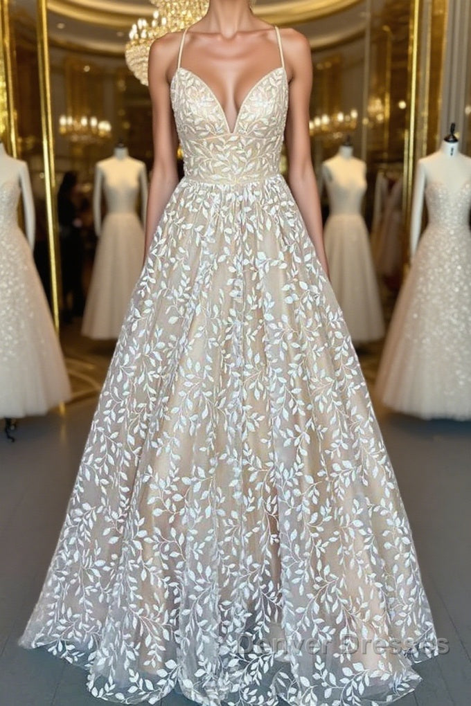 V Neck Open Back Champagne Lace Long Prom Dress, Champagne Lace Formal Graduation Evening Dress Main image