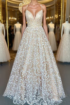 V Neck Open Back Champagne Lace Long Prom Dress, Champagne Lace Formal Graduation Evening Dress