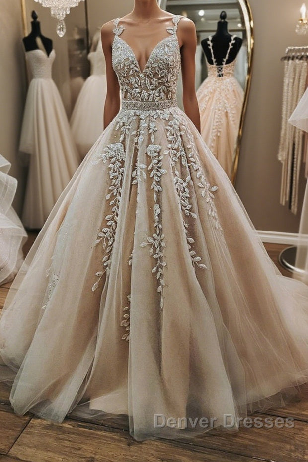 V Neck Open Back Champagne Tulle Lace Long Prom Dress with Belt, Champagne Lace Formal Evening Dress, Champagne Ball Gown Main image