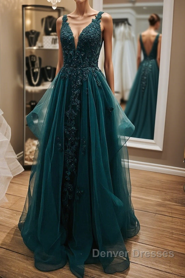 V Neck Open Back Dark Green Lace Beaded Long Prom Dress, Dark Green Lace Formal Dress, Dark Green Evening Dress Main image