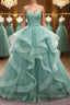 V Neck Open Back Fluffy Green Tulle Long Prom Dress, Green Formal Evening Dress, Ball Gown