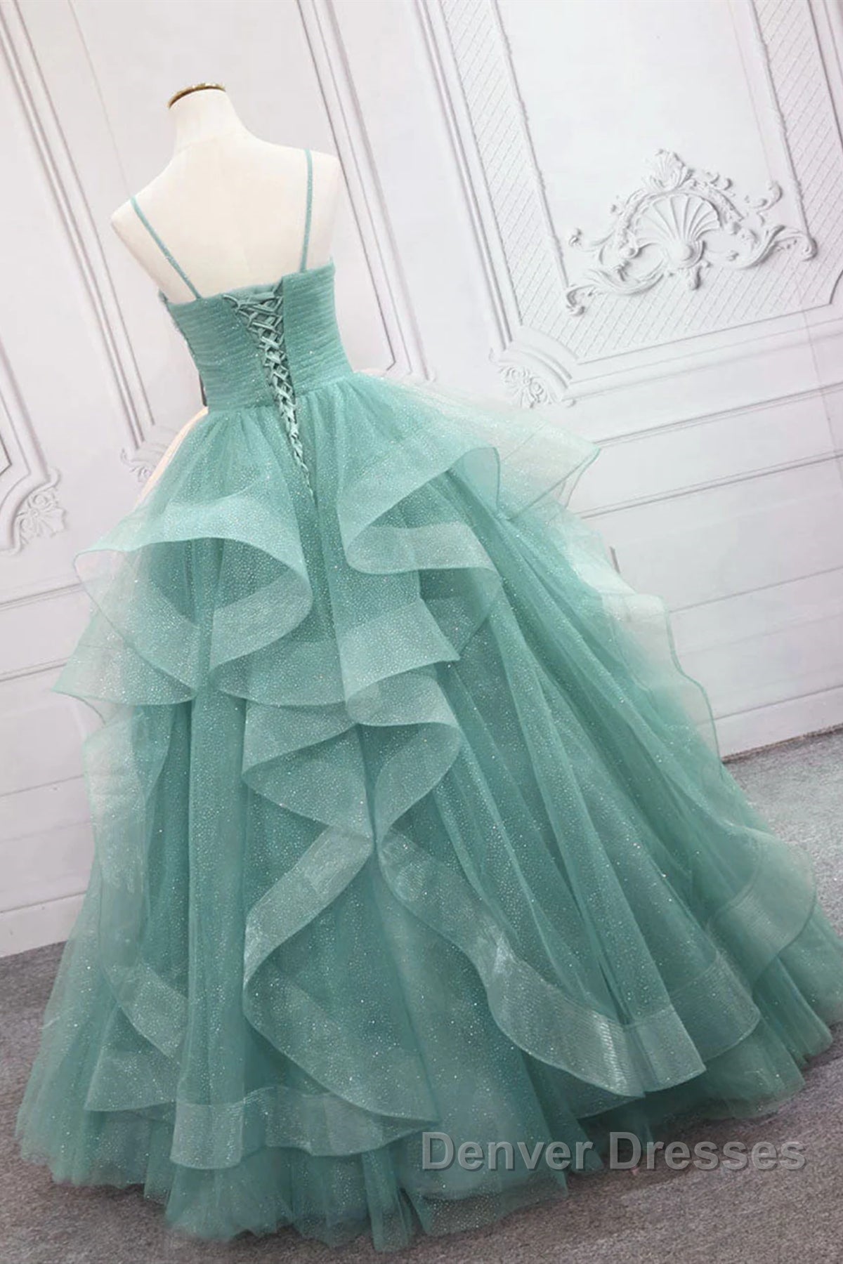 V Neck Open Back Fluffy Green Tulle Long Prom Dress, Green Formal Evening Dress, Ball Gown