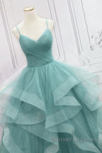 V Neck Open Back Fluffy Green Tulle Long Prom Dress, Green Formal Evening Dress, Ball Gown