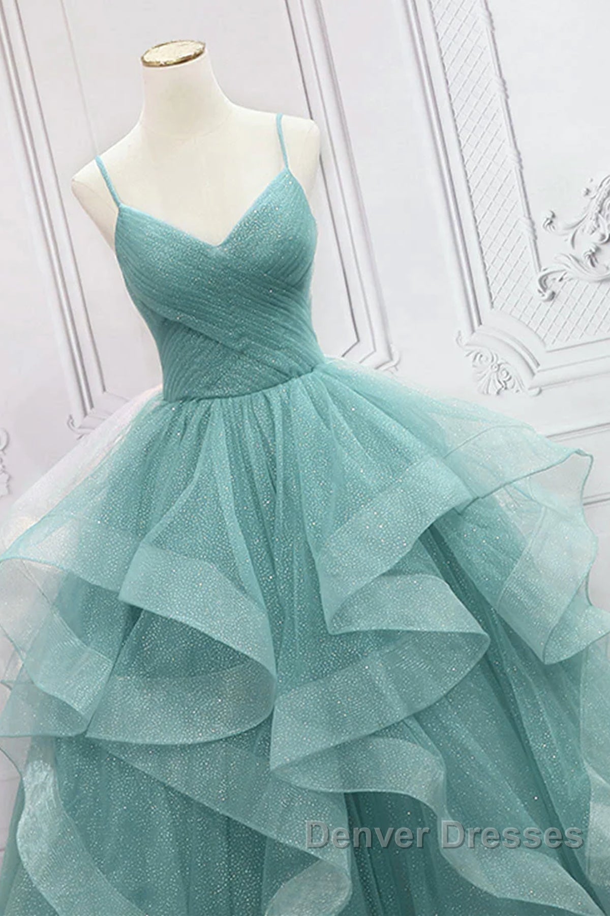 V Neck Open Back Fluffy Green Tulle Long Prom Dress, Green Formal Evening Dress, Ball Gown