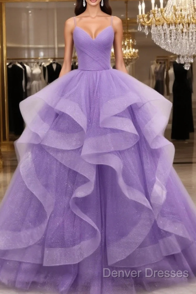V Neck Open Back Fluffy Purple Tulle Long Prom Dress Main image