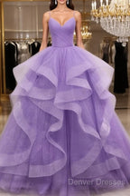 V Neck Open Back Fluffy Purple Tulle Long Prom Dress