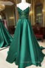 V Neck Open Back Green Lace Long Prom Dress, V Neck Backless Green Lace Long Formal Graduation Evening Dress