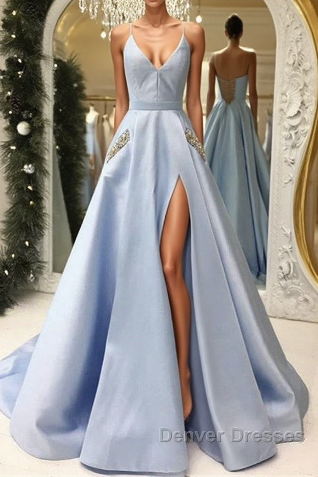 V Neck Open Back Light Blue Satin Long Prom Dress with Pocket