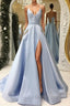 V Neck Open Back Light Blue Satin Long Prom Dress with Pocket