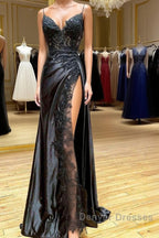 V Neck Open Back Mermaid Black Lace Long Prom Dress with High Slit, Mermaid Black Formal Dress, Black Lace Evening Dress
