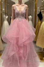 V Neck Open Back Pink Lace Puffy Tulle Long Prom Dress, Pink Lace Formal Dress, Pink Evening Dress
