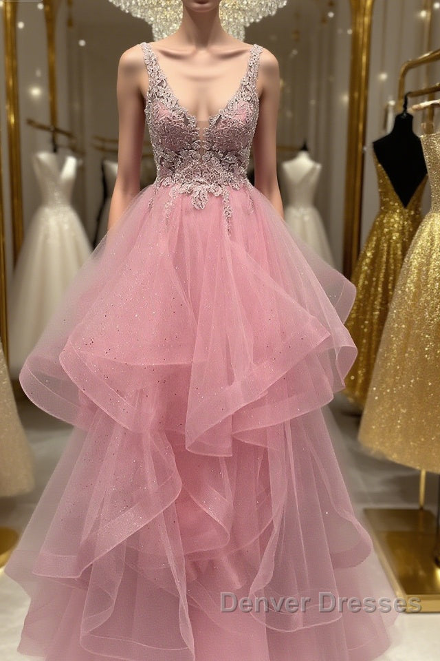 V Neck Open Back Pink Lace Puffy Tulle Long Prom Dress, Pink Lace Formal Dress, Pink Evening Dress Main image