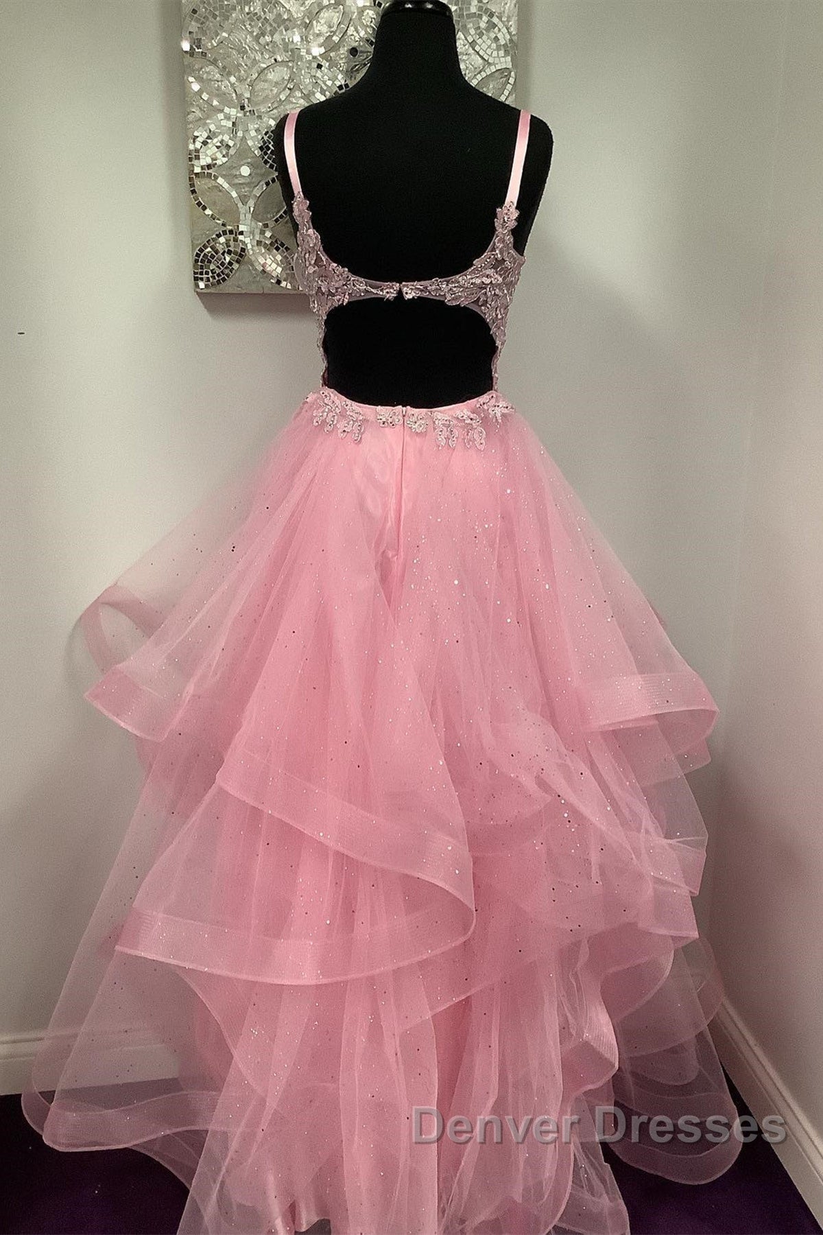 V Neck Open Back Pink Lace Puffy Tulle Long Prom Dress, Pink Lace Formal Dress, Pink Evening Dress Secondary image