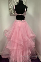 V Neck Open Back Pink Lace Puffy Tulle Long Prom Dress, Pink Lace Formal Dress, Pink Evening Dress