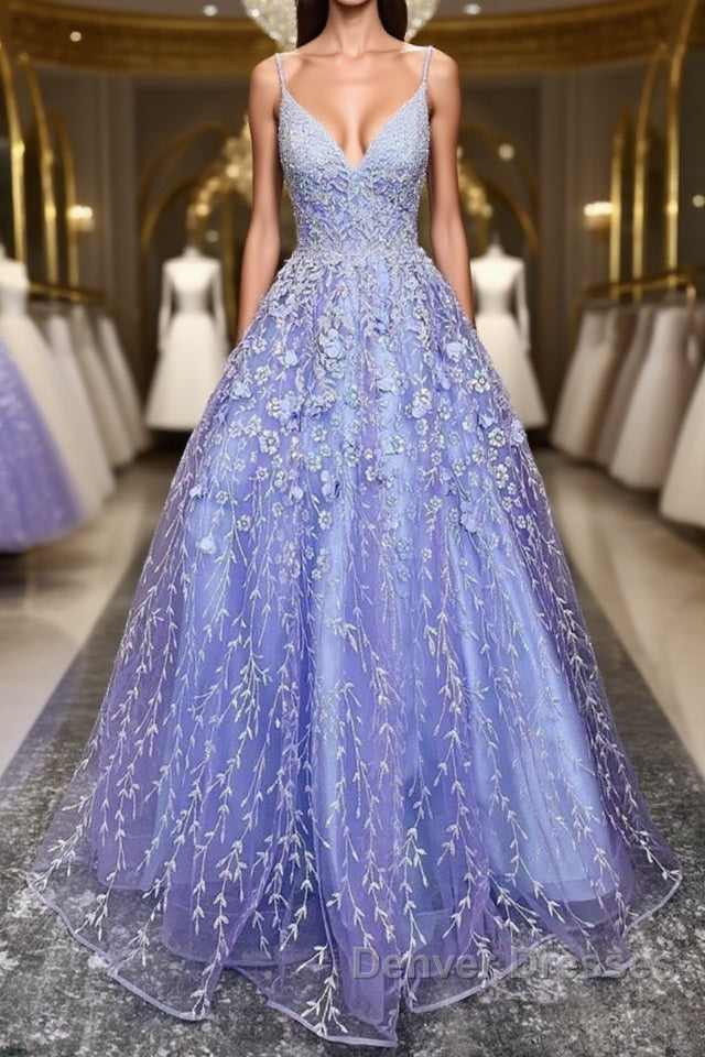 V Neck Open Back Purple Lace Floral Long Prom Dress, Purple Lace Floral Formal Evening Dress Main image