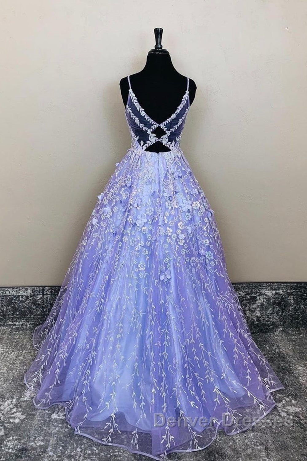 V Neck Open Back Purple Lace Floral Long Prom Dress, Purple Lace Floral Formal Evening Dress Secondary image