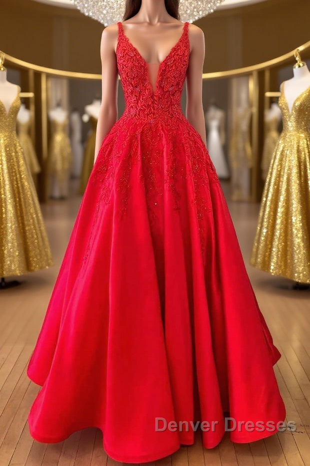 V Neck Open Back Red Lace Long Prom Dress, Red Lace Formal Dress, Beaded Red Evening Dress Main image