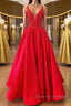 V Neck Open Back Red Lace Long Prom Dress, Red Lace Formal Dress, Beaded Red Evening Dress