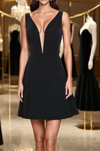V Neck Open Back Short Black Prom Dress, V Neck Black Homecoming Dress, Black Formal Evening Dress