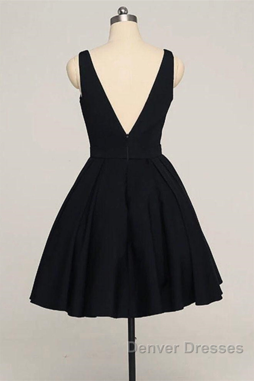 V Neck Open Back Short Black Prom Dress, V Neck Black Homecoming Dress, Black Formal Evening Dress