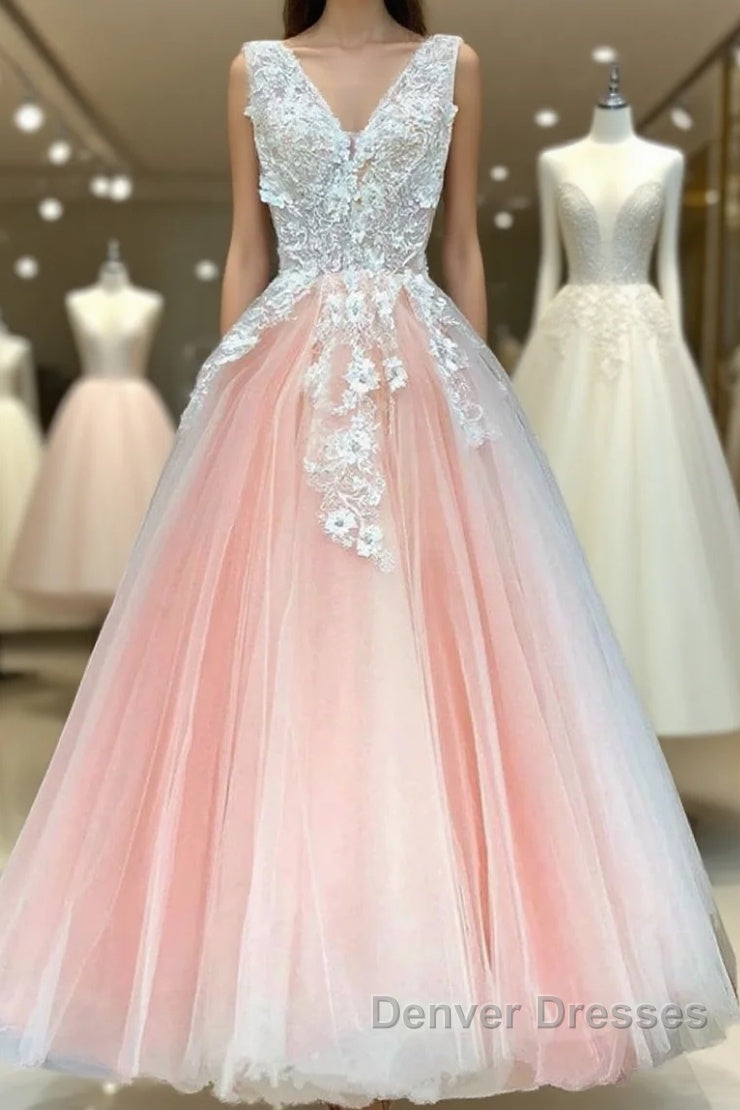 V Neck Pink Lace Appliques Long Sweet 16 Prom Dress, Pink Lace Formal Dress, Pink Evening Dress Main image