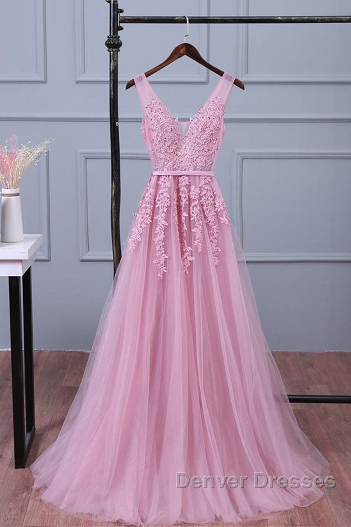 V Neck Pink Lace Prom Dress, Pink V Neck Lace Bridesmaid Formal Dress Secondary image