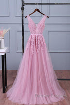 V Neck Pink Lace Prom Dress, Pink V Neck Lace Bridesmaid Formal Dress