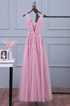 V Neck Pink Lace Prom Dress, Pink V Neck Lace Bridesmaid Formal Dress