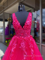 V Neck Pink Lace Prom Dress, Pink V Neck Long Lace Formal Evening Dress