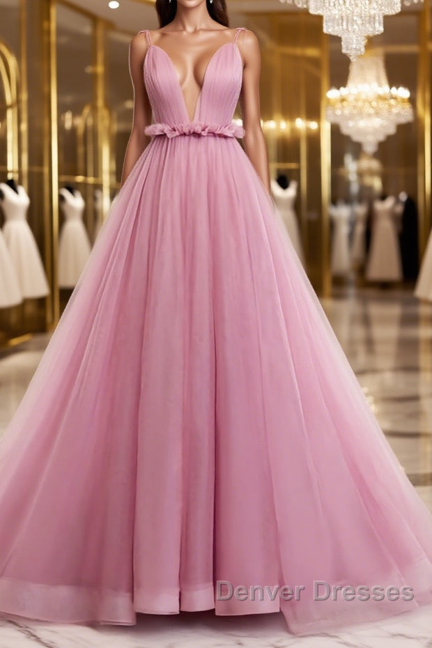 V Neck Pink Tulle Prom Dress with Train, Pink Long Formal Evening Graduation Dress Main image