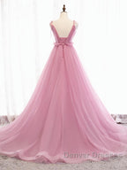 V Neck Pink Tulle Prom Dress with Train, Pink Long Formal Evening Graduation Dress