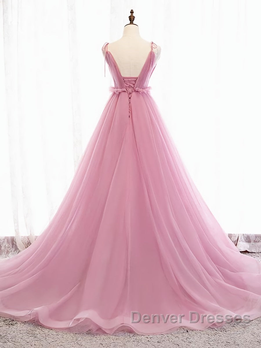 V Neck Pink Tulle Prom Dress with Train, Pink Long Formal Evening Graduation Dress