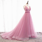 V Neck Pink Tulle Prom Dress with Train, Pink Long Formal Evening Graduation Dress