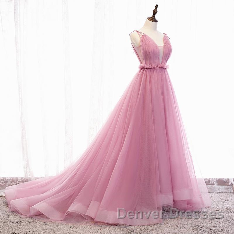 V Neck Pink Tulle Prom Dress with Train, Pink Long Formal Evening Graduation Dress