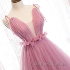 V Neck Pink Tulle Prom Dress with Train, Pink Long Formal Evening Graduation Dress