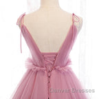 V Neck Pink Tulle Prom Dress with Train, Pink Long Formal Evening Graduation Dress
