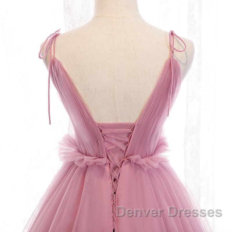 V Neck Pink Tulle Prom Dress with Train, Pink Long Formal Evening Graduation Dress