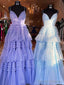 V Neck Puffy Purple Blue Black Champagne Prom Dresses, V Neck Long Formal Evening Dresses