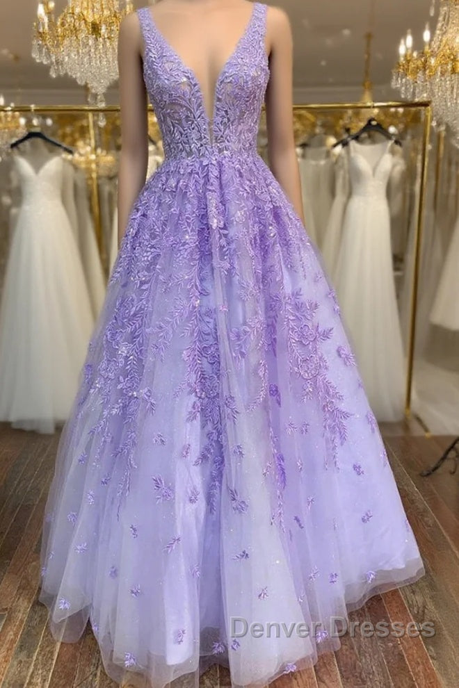 V Neck Purple Lace Long Prom Dress, Long Purple Lace Formal Dress, Lilac Lace Evening Dress Main image