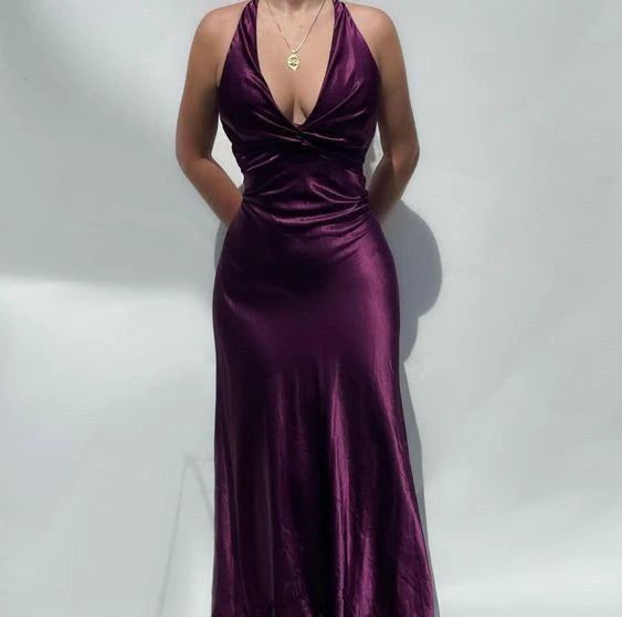 V-Neck Purple Satin And Floor Length Prom Dress Evening Gown