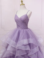 V Neck Purple Sequin Long Prom Dress, Purple V Neck Long Formal Evening Dresses