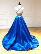 V Neck Royal Blue Backless Prom Dress, Royal Blue Backless Formal Graduation Evening Dress