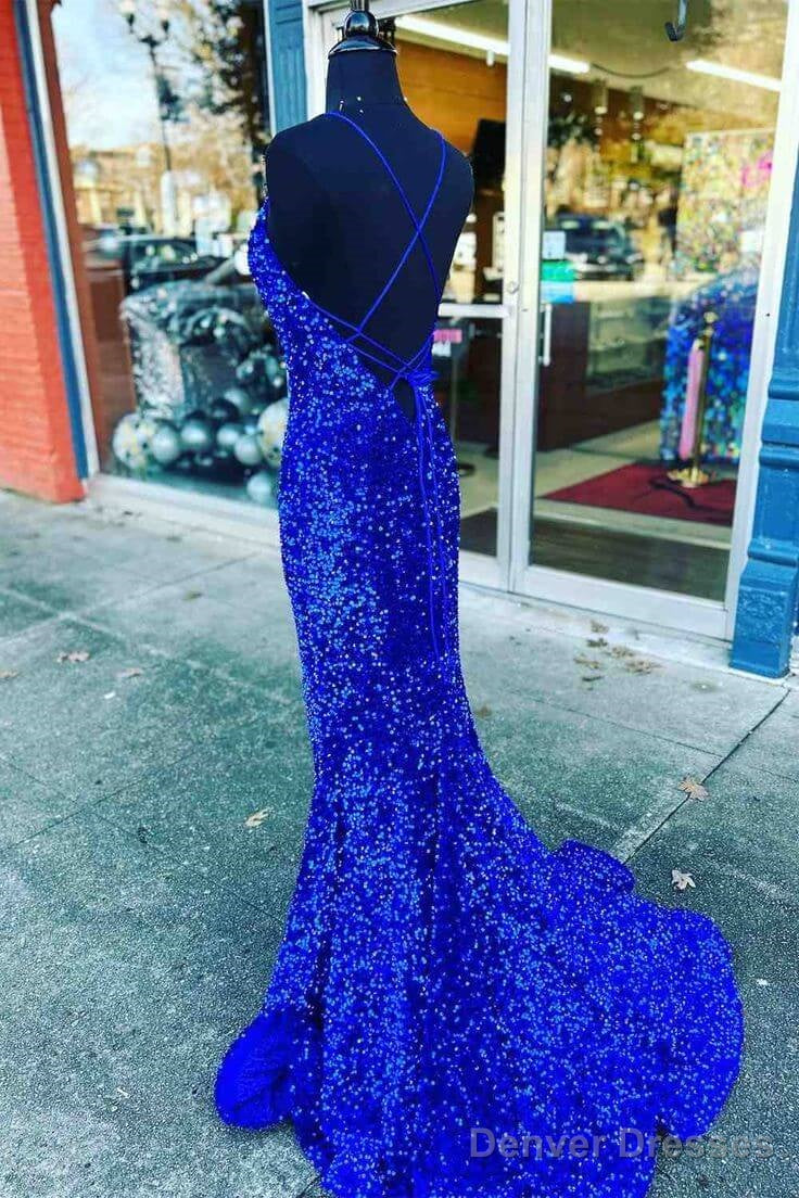 V Neck Royal Blue Evening Dresses Uk Seqins Long Prom Dress Mermaid With Split Secondary image